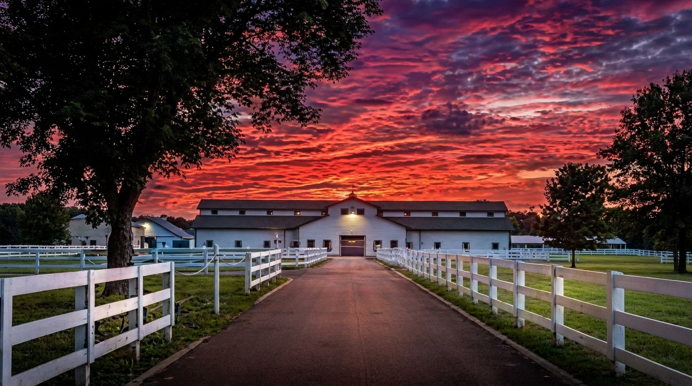 Harlinsdale Farm barn framed by silhouetted oaks under a fiery sunset sky